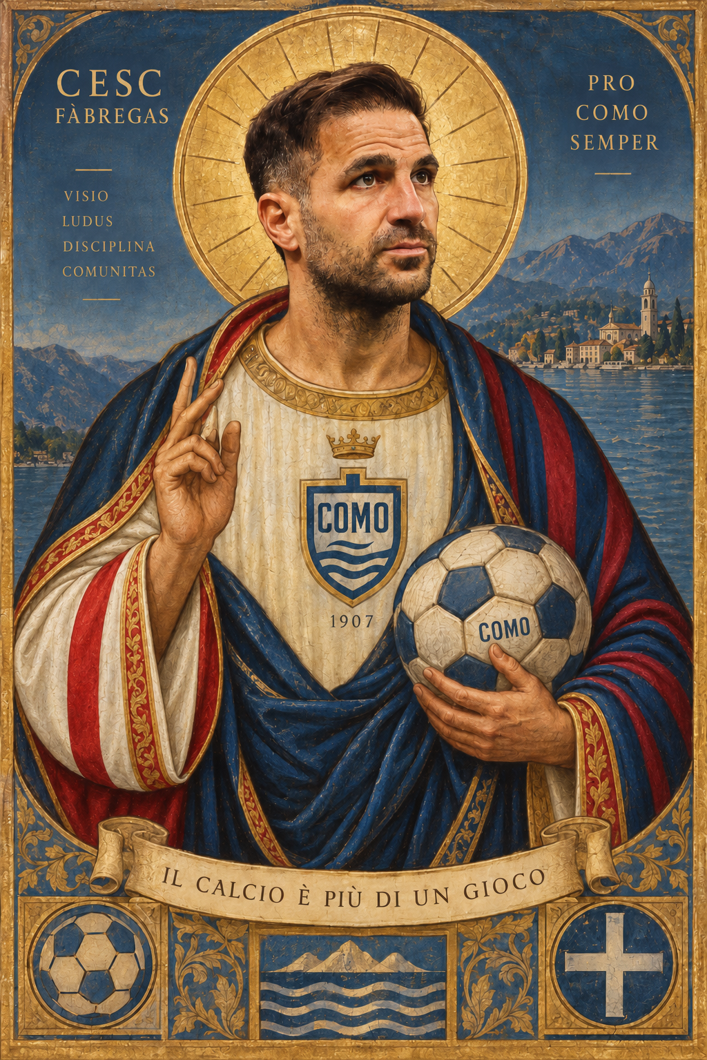 Fan illustration of Cesc Fàbregas in Como colours, with Lake Como in the background