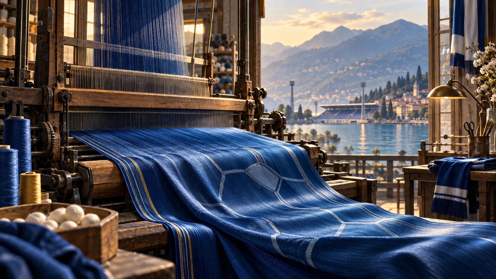 AI editorial illustration of blue silk being woven on a loom, with a football pattern and Lake Como beyond