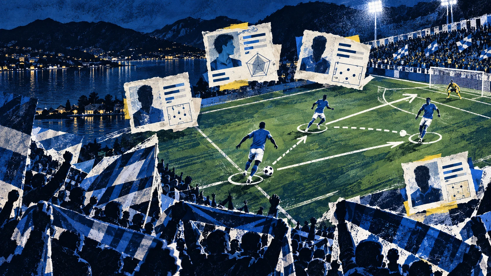 AI editorial illustration of fictional blue-shirted footballers linked by tactical passing lines in a packed lakeside stadium